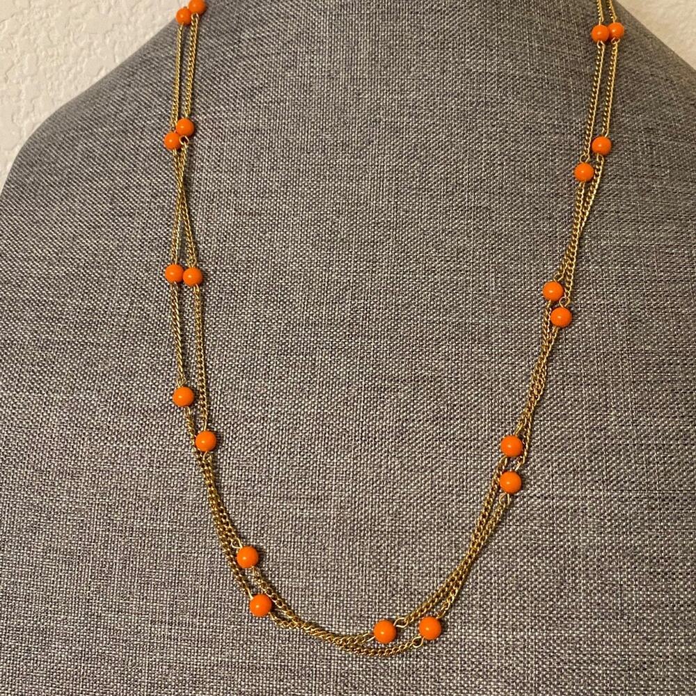 Celebrity NY Long Gold Tone Chain Necklace with Orange Beads 56 inches
